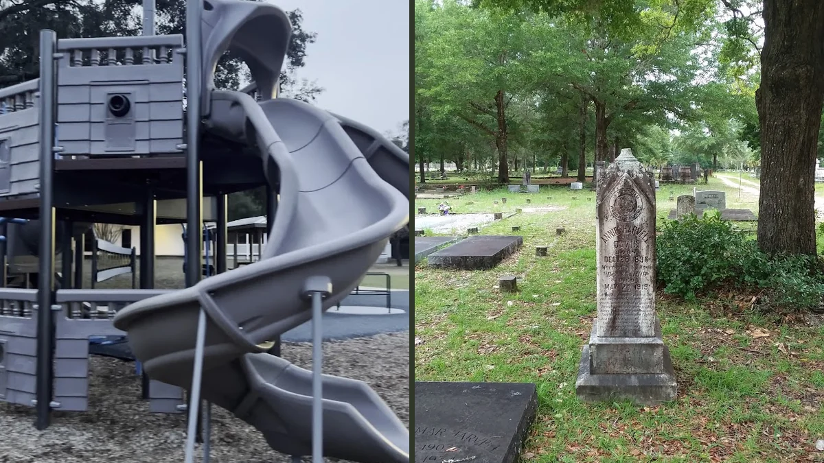 Park playground with slides and swings.