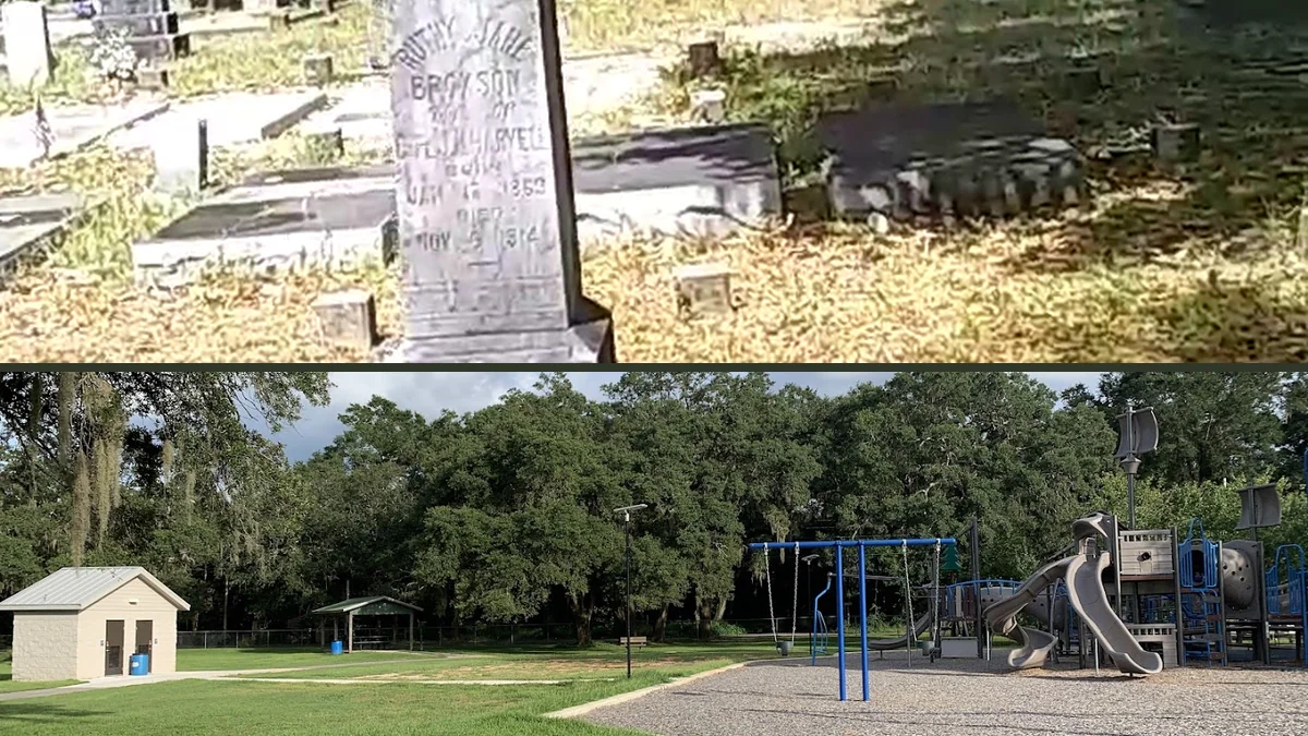 Park playground with slides and swings.